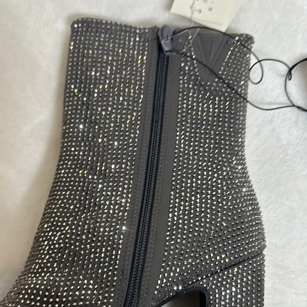 A New Day Silver Gunmetal Grey Ankle Booties with Block Heel and Rhinestones